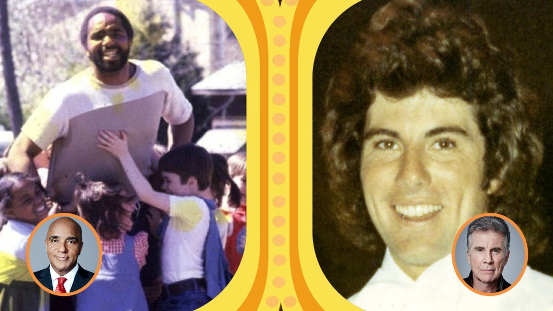 Left: CNN senior Washington correspondent Joe Johns, pictured during his freshman or sophomore year of college, towers over a group of kids while he was a summer camp counselor with the National Youth Program. Right: "The Hunt with John Walsh" host John Walsh in his 1971 wedding portrait. 