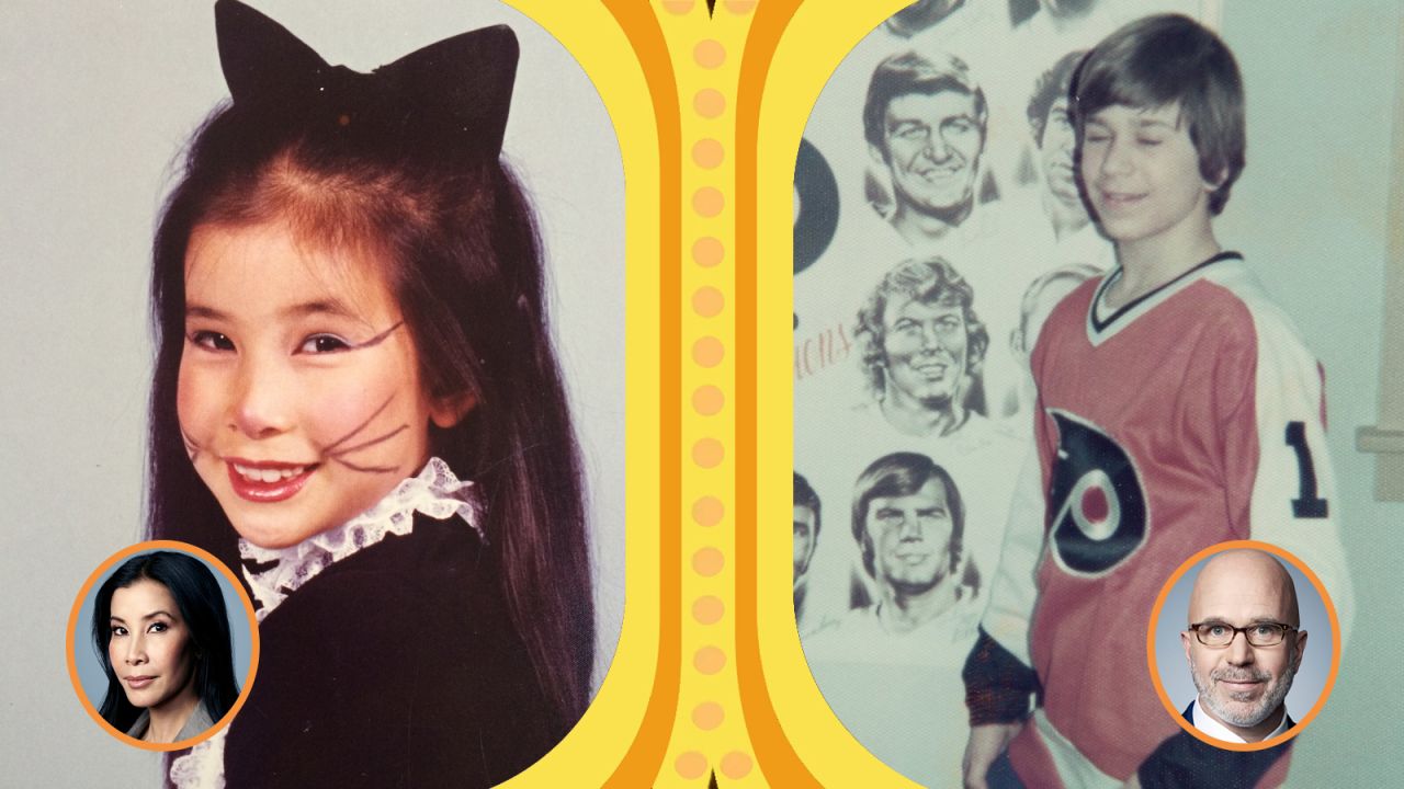 Left: "This is Life with Lisa Ling" host Lisa Ling dressed as a cat on Halloween. Right: "Smerconish" host Michael Smerconish sports a Philadelphia Flyers jersey in 1975.