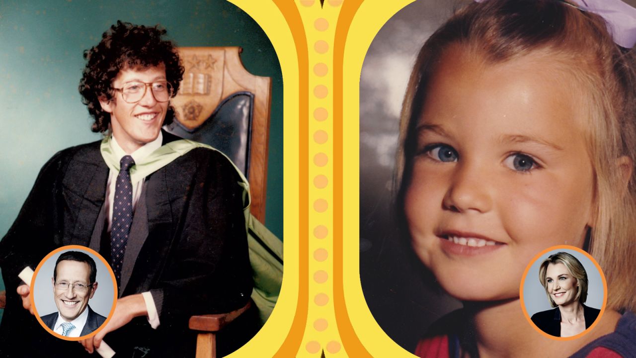 Left: CNN correspondent and host Richard Quest poses after a graduation ceremony. Right: CNN International anchor Robyn Curnow in Johannesburg in 1977.