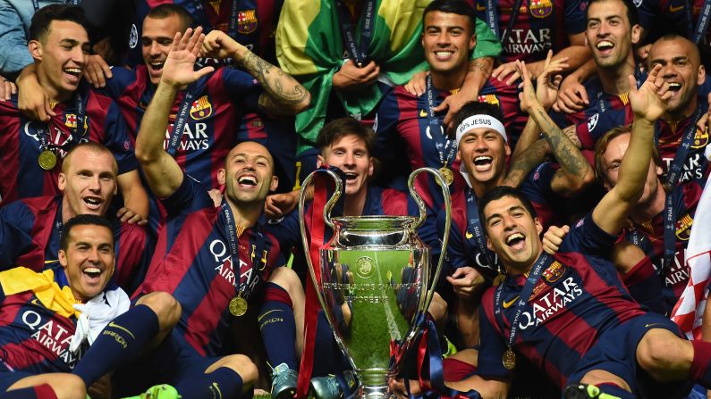 Barcelona players celebrate after they defeated Juventus 3-1 in the <a href="index.php?page=&url=http%3A%2F%2Fwww.cnn.com%2F2015%2F06%2F06%2Ffootball%2Fchampions-league-juventus-barcelona%2Findex.html" target="_blank">UEFA Champions League final</a> on Saturday, June 6. It is the fifth time in history that the Spanish club has been crowned kings of European soccer.