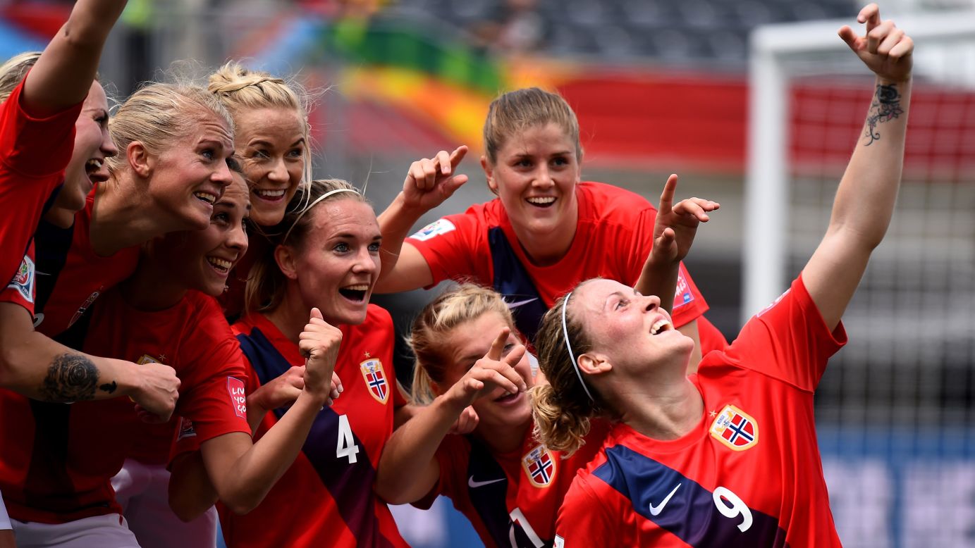 Norway's Isabell Herlovsen celebrates one of her goals with a fake selfie during a Women's World Cup match against Thailand on Sunday, June 7. Herlovsen scored twice in the match, which Norway won 4-0 in Ottawa.