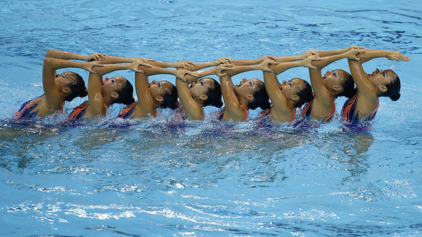 A synchronized swimming team from Singapore competes in the Southeast Asian Games on Wednesday, June 3. It finished in first place. 