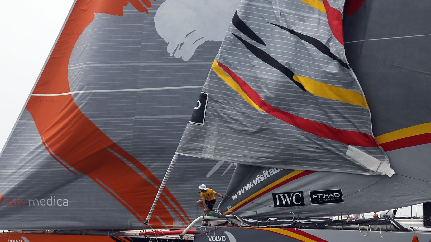 A member of the Abu Dhabi Ocean Racing crew competes in the eighth stage of the Volvo Ocean Race on Sunday, June 7. The stage started in Lisbon, Portugal, and ends in Lorient, France.