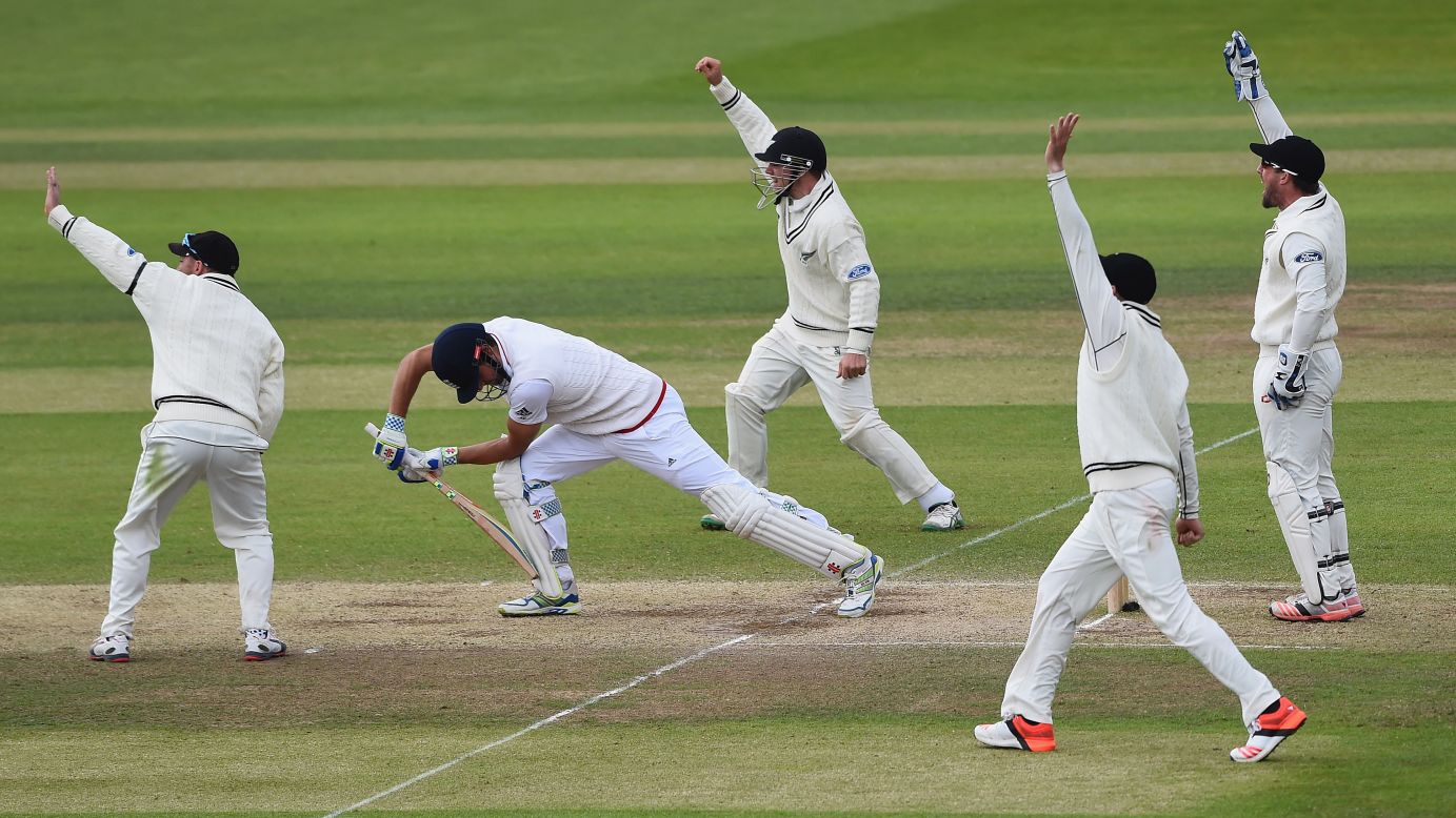 New Zealand cricketers appeal for a leg-before-wicket decision on England's Alastair Cook on Tuesday, June 2, during the second Test match between the two countries in England. Cook was dismissed, and New Zealand won the match by 199 runs.