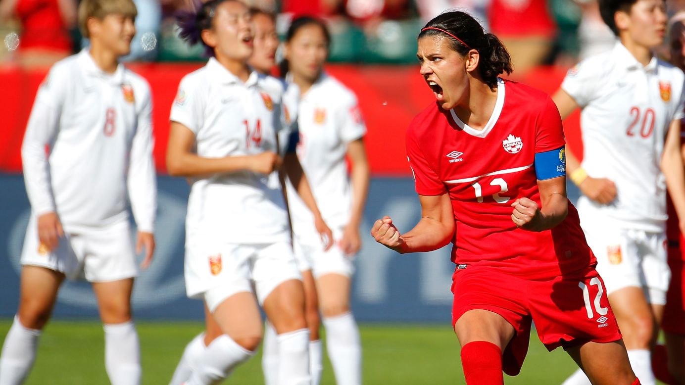Canada's Christine Sinclair reacts after scoring a late penalty to defeat China 1-0 in the opening match of the Women's World Cup on Saturday, June 6. Canada is the tournament's host nation.