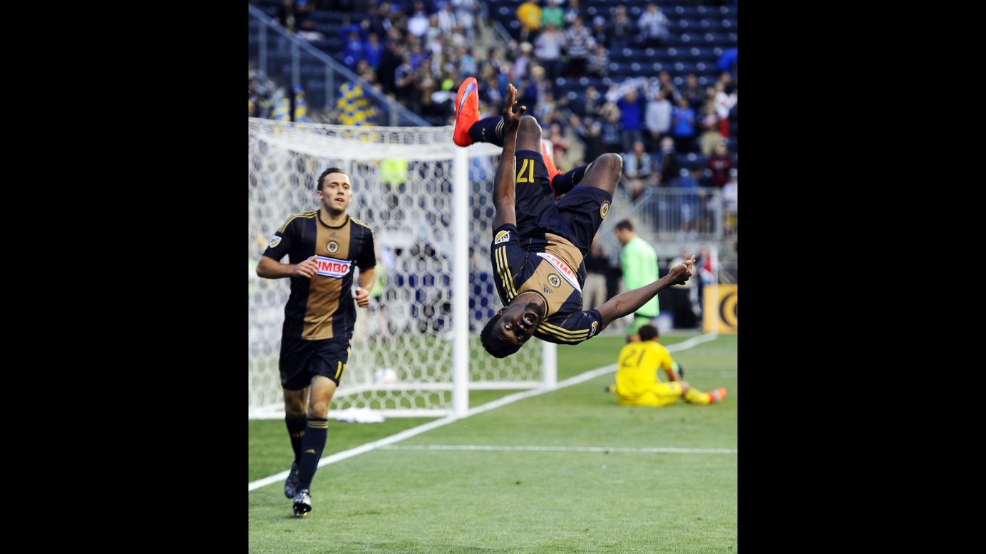 Philadelphia forward C.J. Sapong does a flip after scoring against Columbus during a Major League Soccer game played Wednesday, June 3, in Chester, Pennsylvania. Philadelphia won the match 3-0.