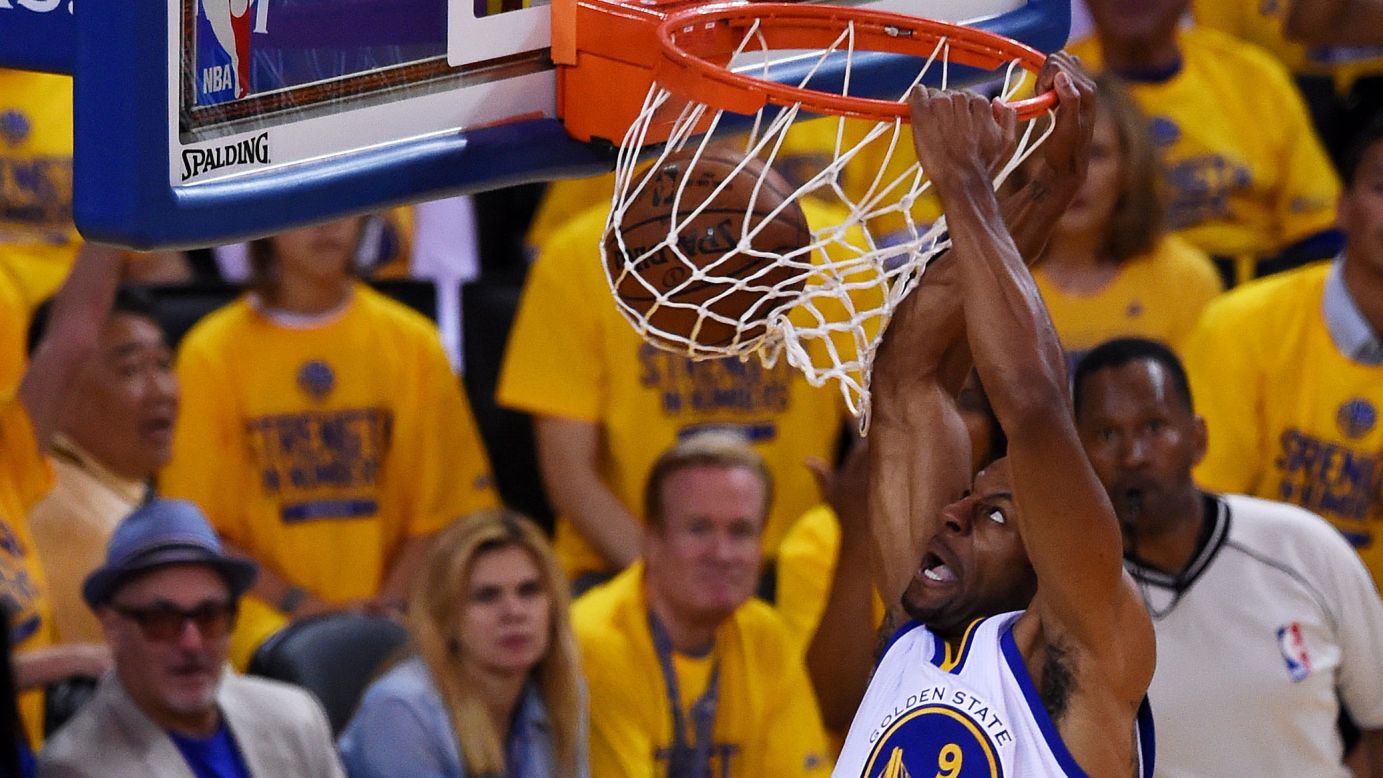 Andre Iguodala throws down a dunk during Game 1 of the NBA Finals on Thursday, June 4. Iguodala scored 15 points in the Warriors' 108-100 victory and was widely praised for his defense on Cleveland star LeBron James.