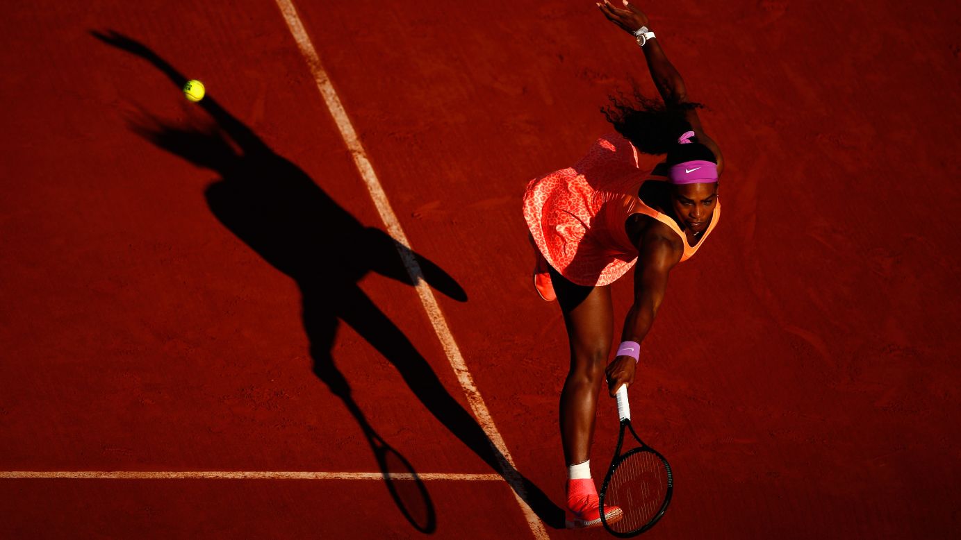 Serena Williams hits a backhand Thursday, June 4, while playing Timea Bacsinszky in the French Open semifinals.