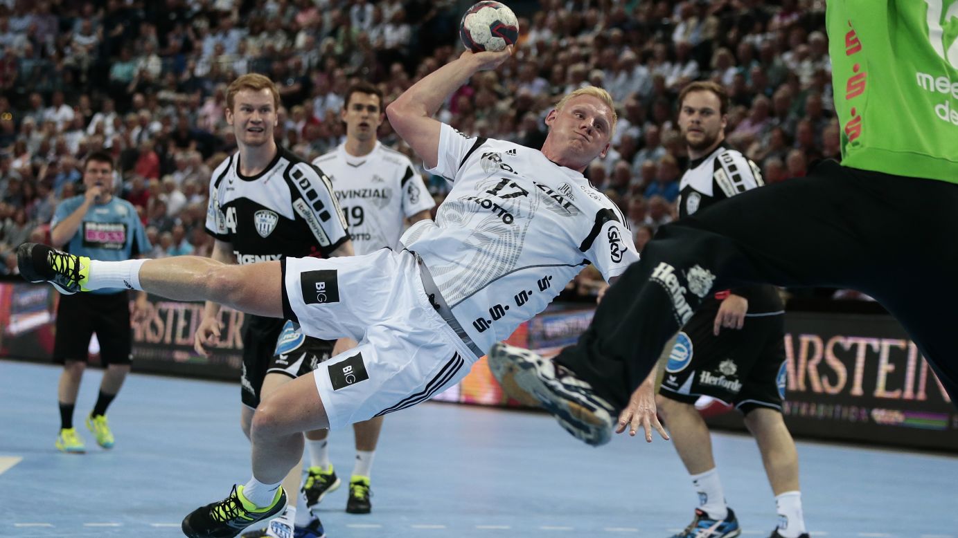 Kiel handball player Patrick Wiencek loads up a shot during a Bundesliga match in Kiel, Germany, on Friday, June 5.
