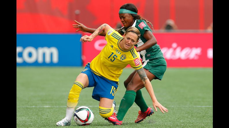 Ordega fouls Sweden's Therese Sjogran.