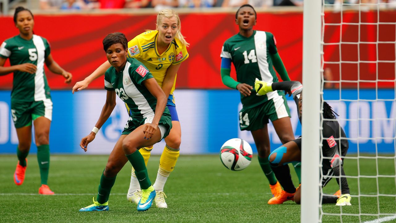 Sweden's Linda Sembrant scores her team's third goal against Nigeria.
