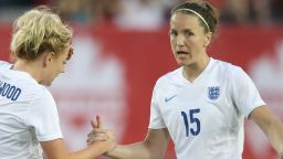 Alex Greenwood #14 of England talks to Casey Stoney #15 against Canada during their Women's International Friendly match on May 29, 2015 at Tim Hortons Field in Hamilton, Ontario, Canada. (Photo by Tom Szczerbowski/Getty Images)
