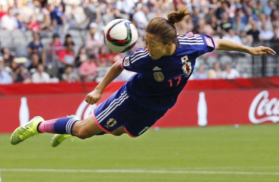 Japan's Yuki Ogimi directs a header during the first half of a Women's World Cup match against Switzerland on Monday, June 8. Japan won the match 1-0 in Vancouver. 