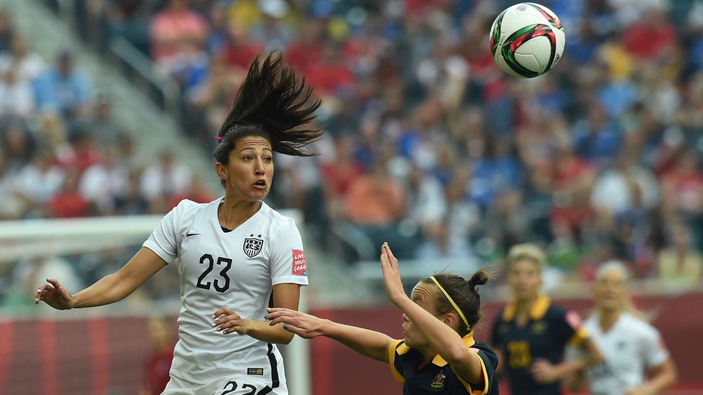 U.S. soccer player Christen Press heads the ball during a Women's World Cup match against Australia on Monday, June 8. Press scored a goal as the Americans won 3-1 in Winnipeg, Manitoba.