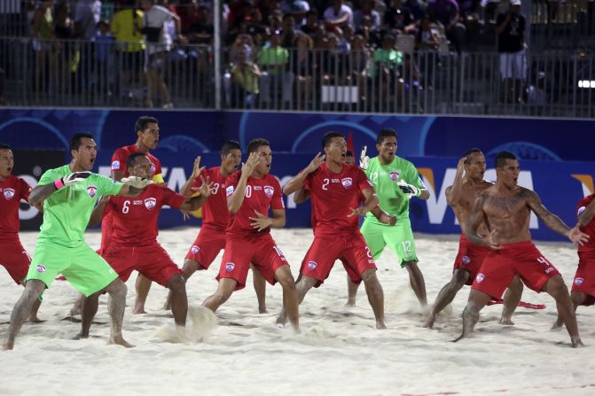 The game is now played in hundreds of countries around the world, including here in Tahiti, the location of the 2013 World Cup. The photo above shows the team performing the traditional haka before their first match. 