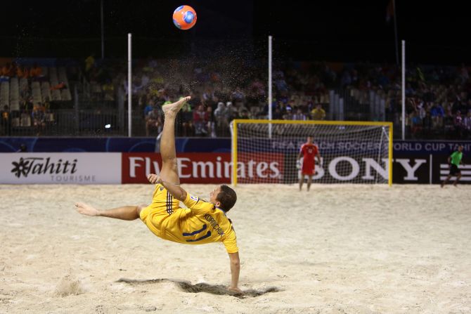 The small pitch and unpredictability of the sand make for exciting viewing with a host of skills on show. 