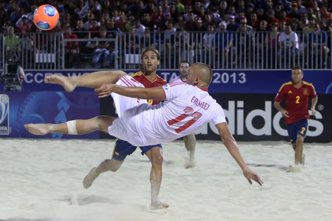 Russia are looking to assert their dominance in Baku and add to their growing trophy cabinet. Russian striker Egor Eremeev, above, scored during their 5-1 win over Spain in the 2013 World Cup final. 