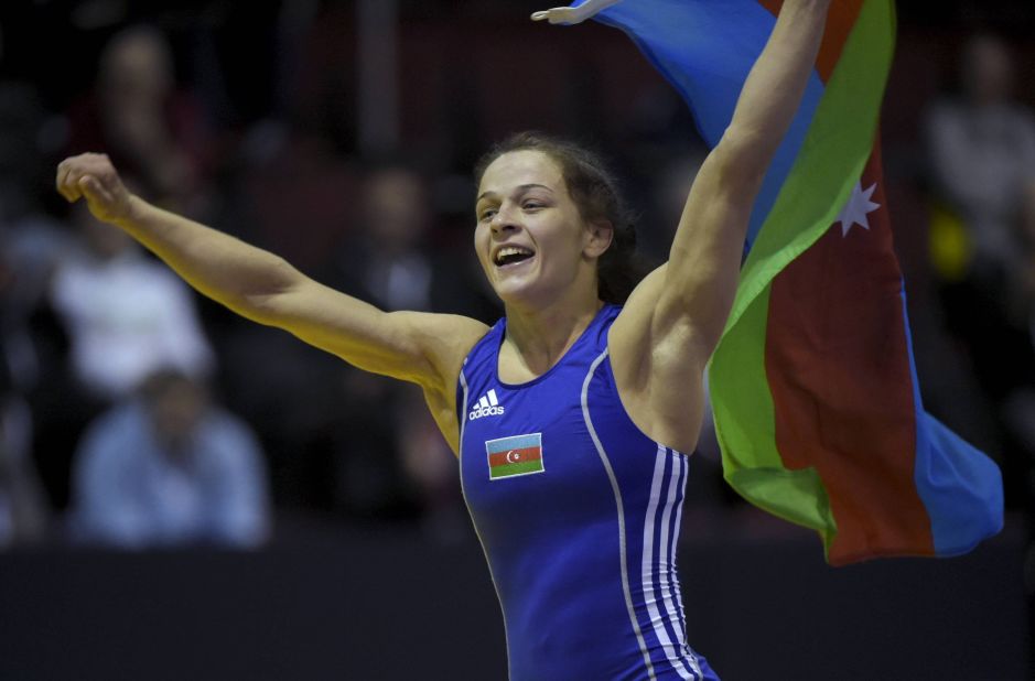Proud Azeri. Stadnyk celebrates her gold medal winning performance in the 2014 European championships.