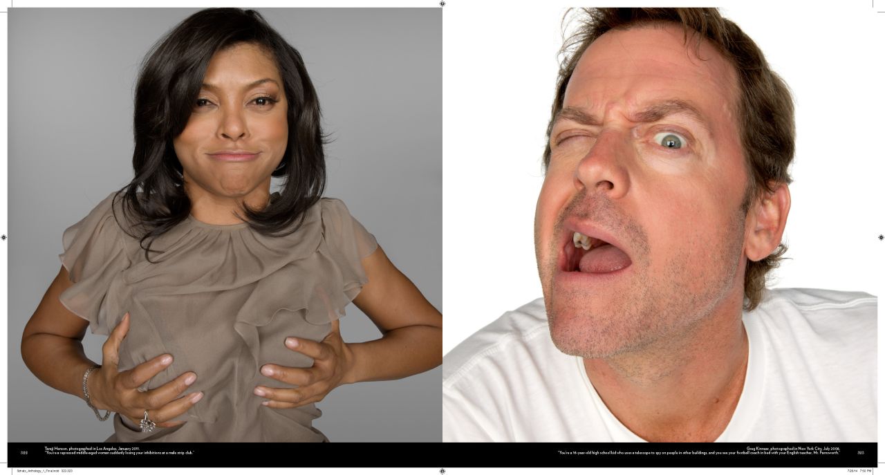 For this series, Schatz gave actors very specific characters and asked them to act them out. <br />In the first image, Taraji Henson was told to imagine: "You're a repressed middle-aged woman suddenly losing your inhibitions at a male strip club."<br />In the second, Greg Kinnear was told: "You're a 16-year-old high school kid who uses a telescope to spy on people in other buildings, and you see your football coach in bed with your English teacher, Mr Farnsworth." 