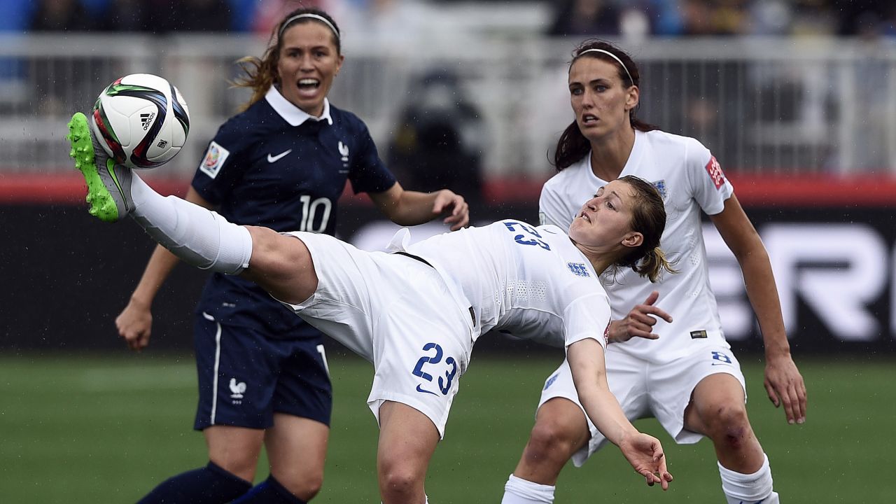 England forward Ellen White kicks the ball during a match against France on June 9. France won the match 1-0 in Moncton.