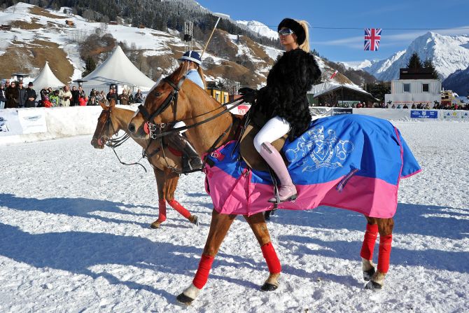 Businesswoman and model Katie Price, whose KP Equestrian line is now worth 80 percent of the total UK riding clothing market, attends a photocall at the Berenberg Snow-Polo event in Klosters, Switzerland.