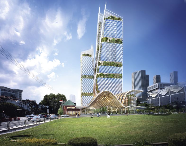 The Beach Road development by Foster and Partners meets the green demands of Singapore's building regulations -- the green mark scheme. The complex occupies an entire city block in downtown Singapore and includes a large garden  weaving through the site protected by a large undulating canopy. 