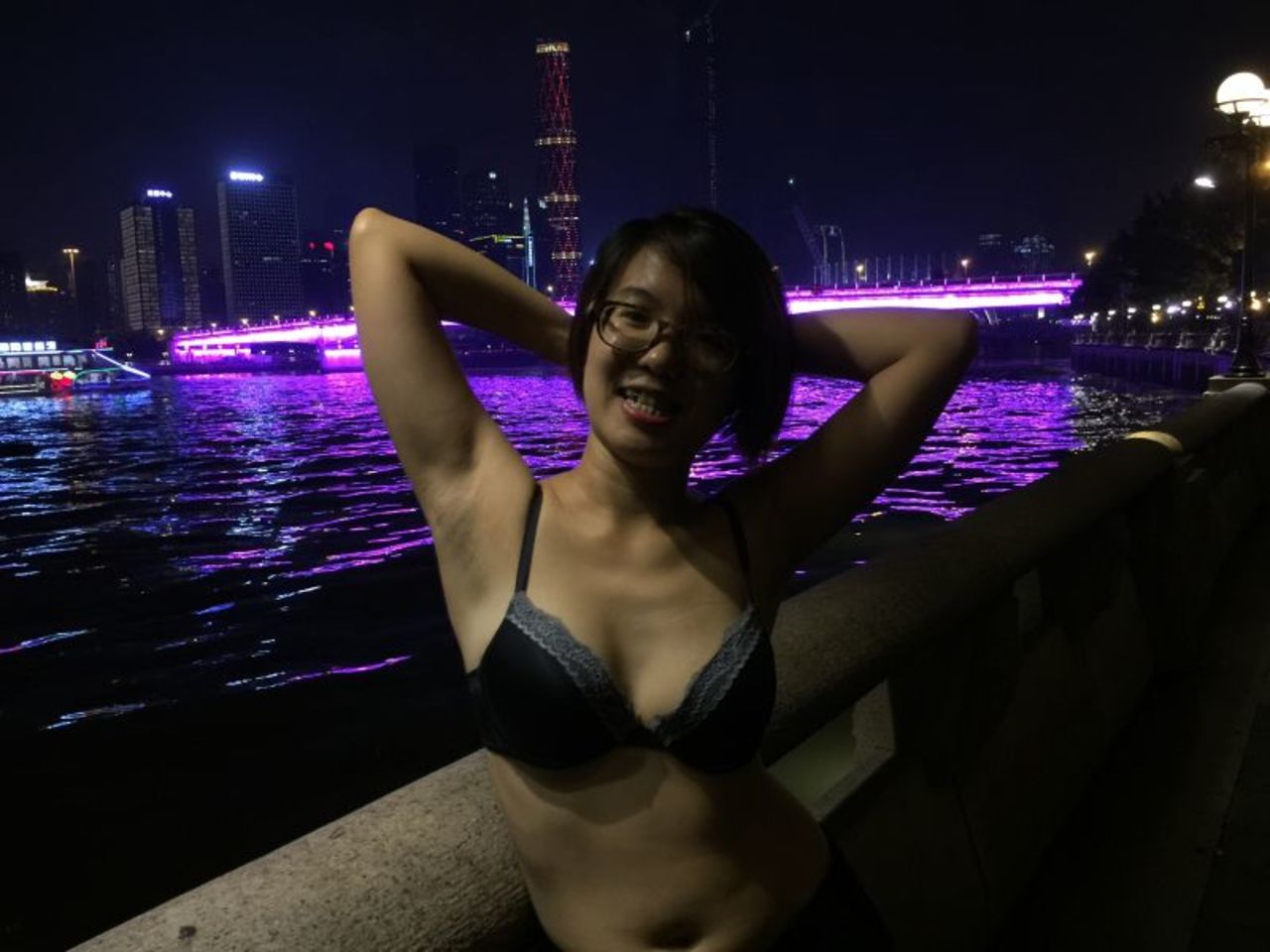 Wei Tingting, who was also arrested in March, joined her friends, showing off underarm hair along the Zhujiang River in Guangzhou.