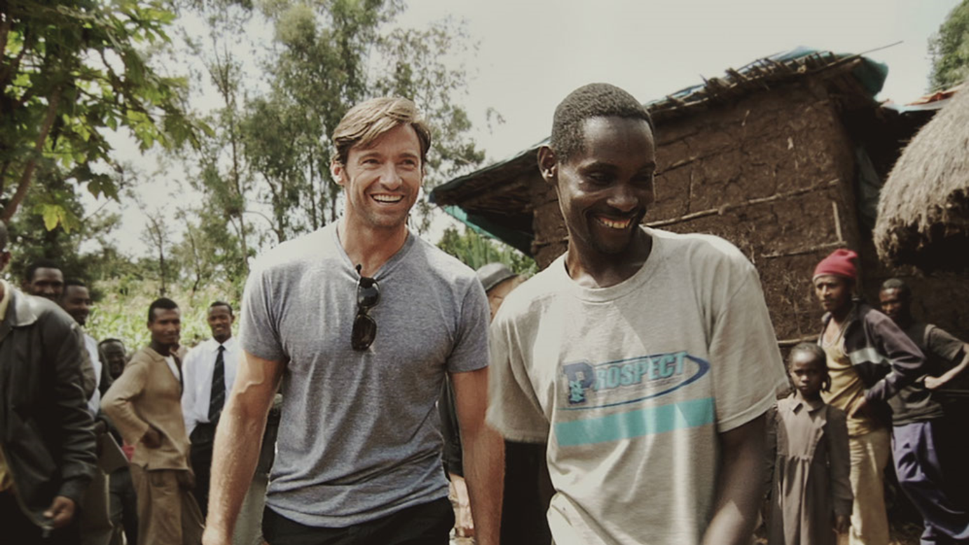 Hugh Jackman joins Ethiopian coffee farmer Dukale at his home. Jackman's volunteer work in Ethiopia spurred him to create a foundation and company to promote fair-trade coffee.