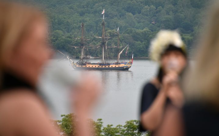Guests drink wine prior to the gala dinner in the honor of L'Hermione. The original ship arrived in the United States again on Tuesday, 235 years after its initial crossing.