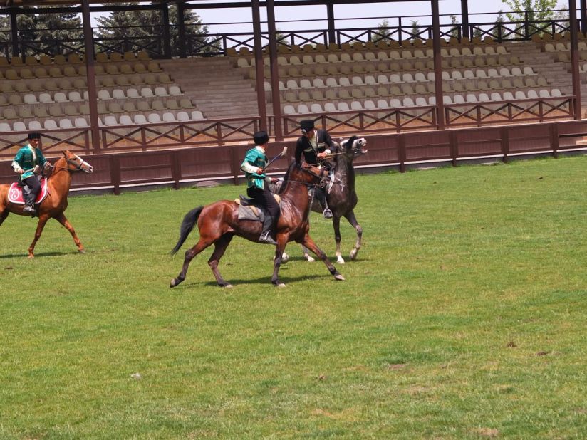 Players riding Karabakh horses play Chovgan, an early form of polo, in Baku ahead of the European Games in the Azerbaijani capital. 