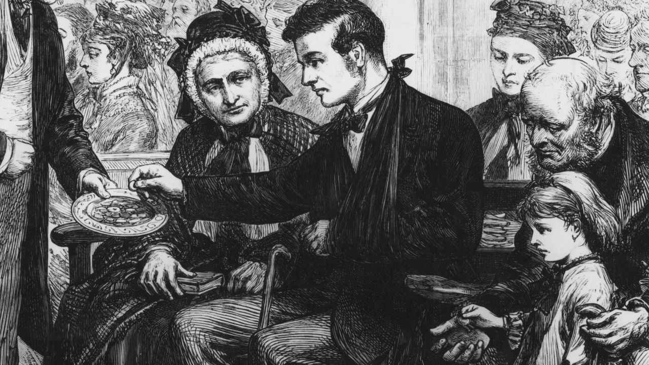 Passing the plate, seen here in early church drawing, has become a church tradition rife with abuse, some say.