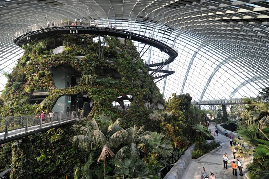 The gardens by the bay in Singapore's Marina Bay district span 101 hectares of reclaimed land providing a green space for public use. Singapore is ranked first in the Green Cities Index for Asia.