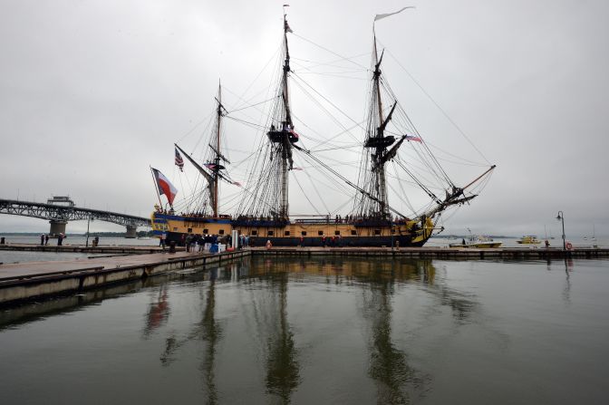 This is the sight that greeted people gathered at the dock in Yorktown Harbor, Virginia on Tuesday. But what is a ship like this doing on the water in 2015?