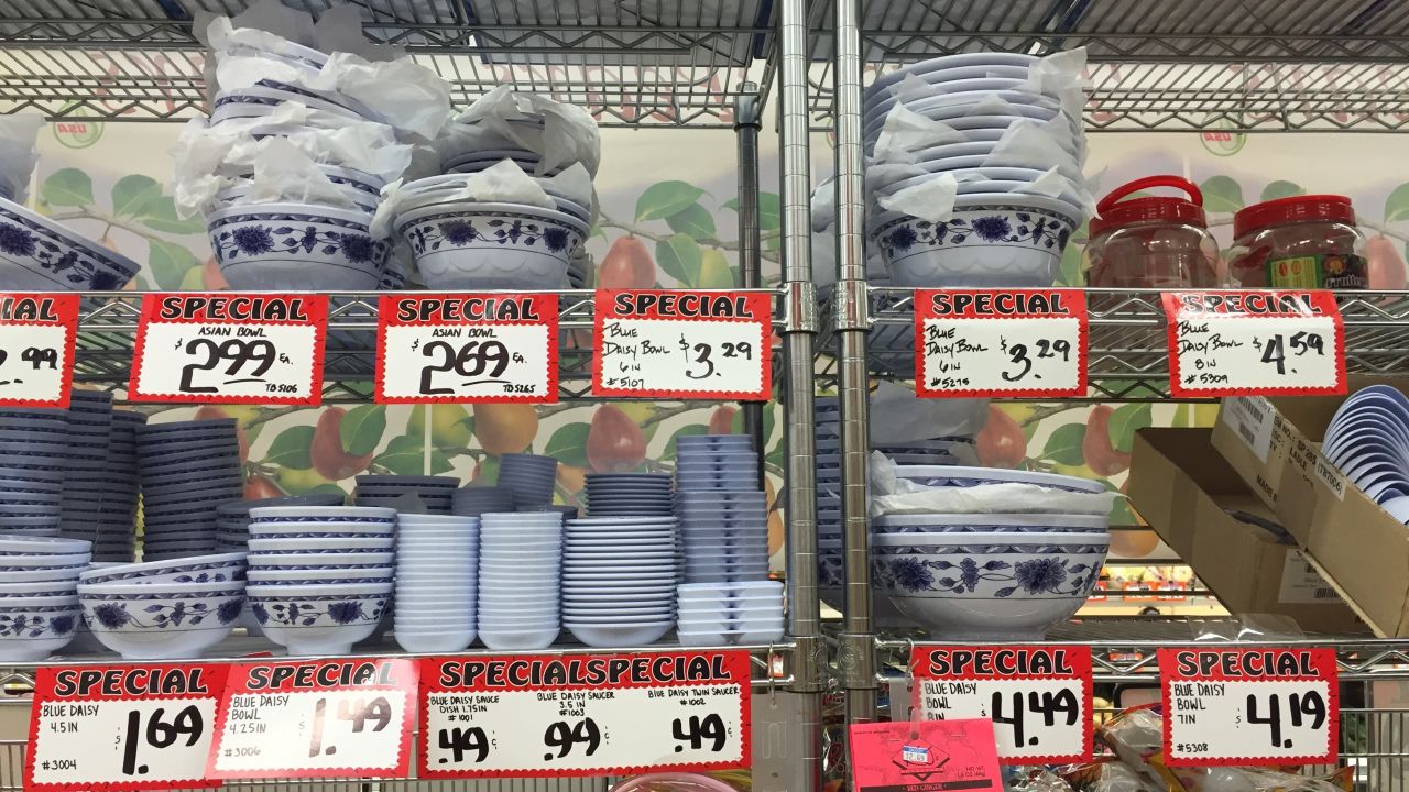 The Red Apple grocery shelves are full of international items.