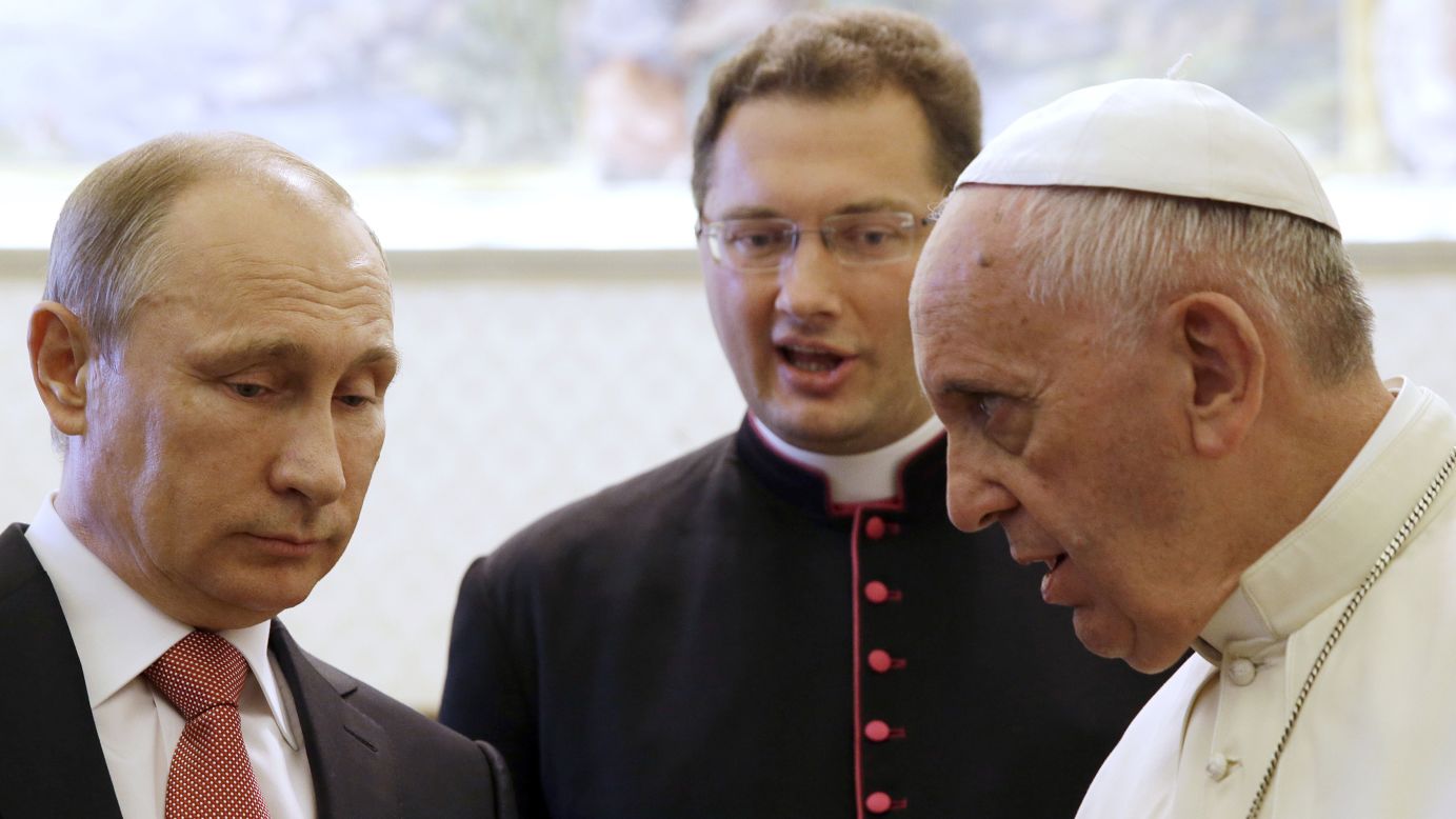 Russian President Vladimir Putin, left, <a href="http://www.cnn.com/2015/06/10/world/putin-italy-visit/index.html" target="_blank">meets Pope Francis</a> at the Vatican on Wednesday, June 10, 2015. The Pope gave Putin a medallion depicting the angel of peace, Vatican spokesman Federico Lombardi said. The Vatican called it "an invitation to build a world of solidarity and peace founded on justice." Lombardi said the pontiff and President talked for 50 minutes about the crisis in Ukraine and violence in Iraq and Syria.