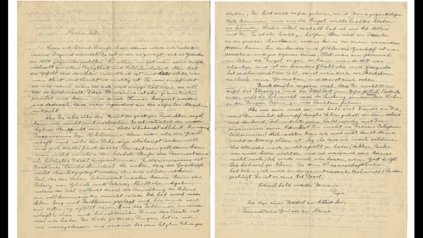 In a letter to his son Eduard -- one of 27 that was up for auction last week -- Albert Einstein wrote about youth. "When you're young, you tend to mentally oppose the world," he wrote. "You measure your strength on everything and go back and forth the between hesitation and confidence."