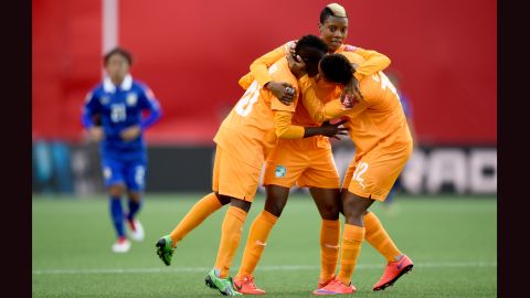 Ange Nguessan celebrates after scoring the Ivory Coast's first goal.