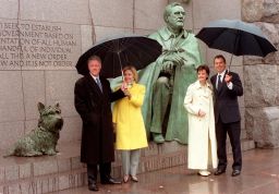 The Clintons tour the Franklin Delano Roosevelt Memorial on February 6, 1998 in Washington, D.C.