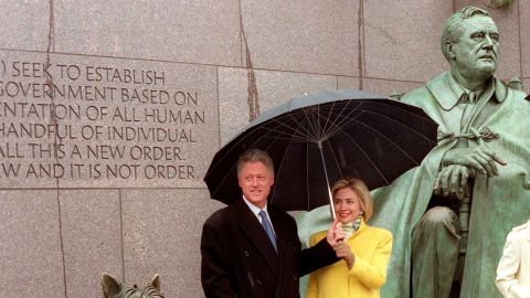 The Clintons tour the Franklin Delano Roosevelt Memorial on February 6, 1998 in Washington, D.C.