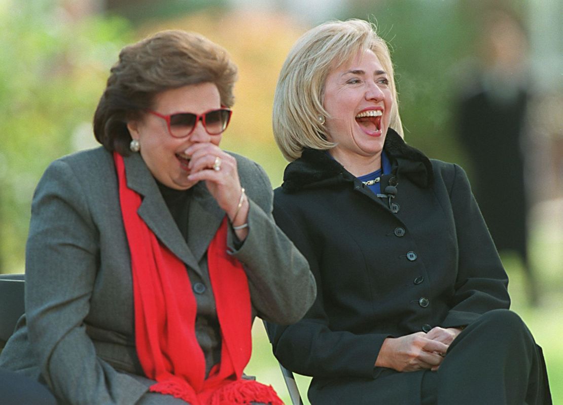 Then U.S. First Lady Hillary Clinton laughs with her late mother Dorothy Rodham in front of her childhood home during ceremonies celebrating her 50th birthday on October 27, 1997 in Park Ridge, Illinois.