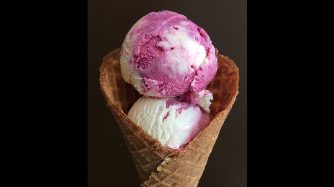 Roasted fresh beets purée blended with goat cheese ice cream is served at Glacé Artisan Ice Cream. Later in the summer, the shop's serving up a sweet corn flavor.<br />