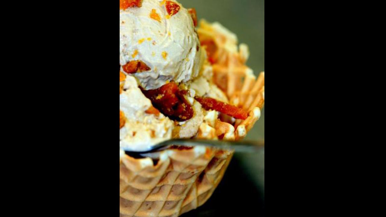 Maple bacon brittle is the most requested ice cream flavor at Morelli's Ice Cream. The flavor consists of organic maple syrup blended into heavy cream and candied bacon pieces.