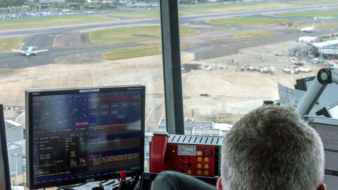 The tower is split into two sections. Two controllers sit back-to-back in a raised central platform, each in charge of one of the two runways. Ground controllers sit around the outside, guiding planes from the moment they land until they arrive at the airport's 186 stands and vice versa. 