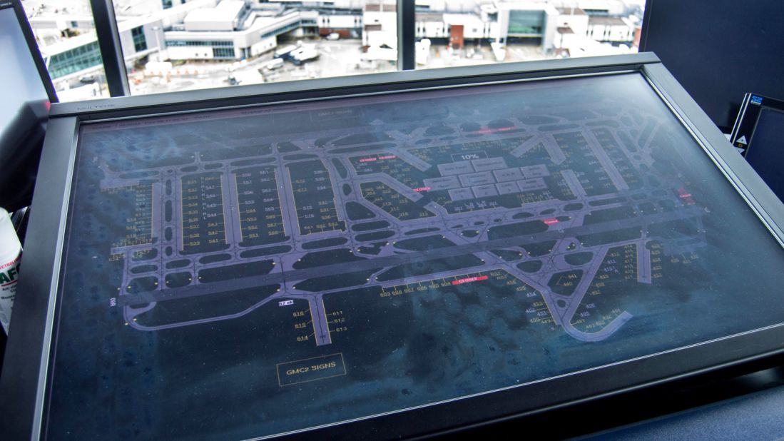 Possibly one of the greatest lighting rigs in the world. This giant touch screen allows controllers to illuminate routes along busy taxiways to guide aircraft to and from the stands. 