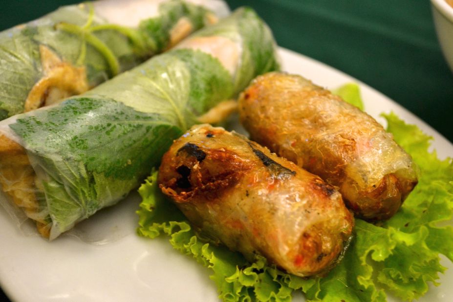 Goi cuon, left, are translucent spring rolls packed with salad greens, a slither of meat or seafood and a layer of coriander. As for the fried ones, in the north these parcels go by the name nem ran while southerners call them cha gio. The crispy shell surrounds a soft veggie and meat filling.