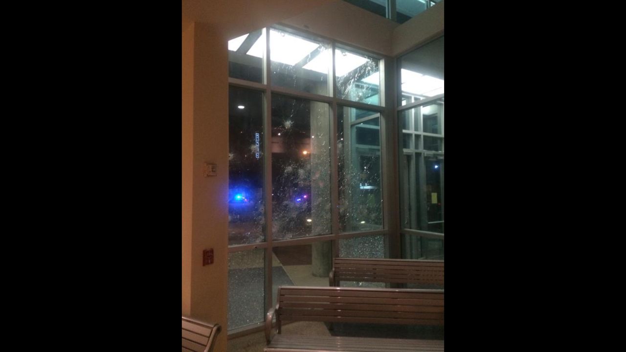 Dallas police posted on Twitter this image of damage to the headquarters.  