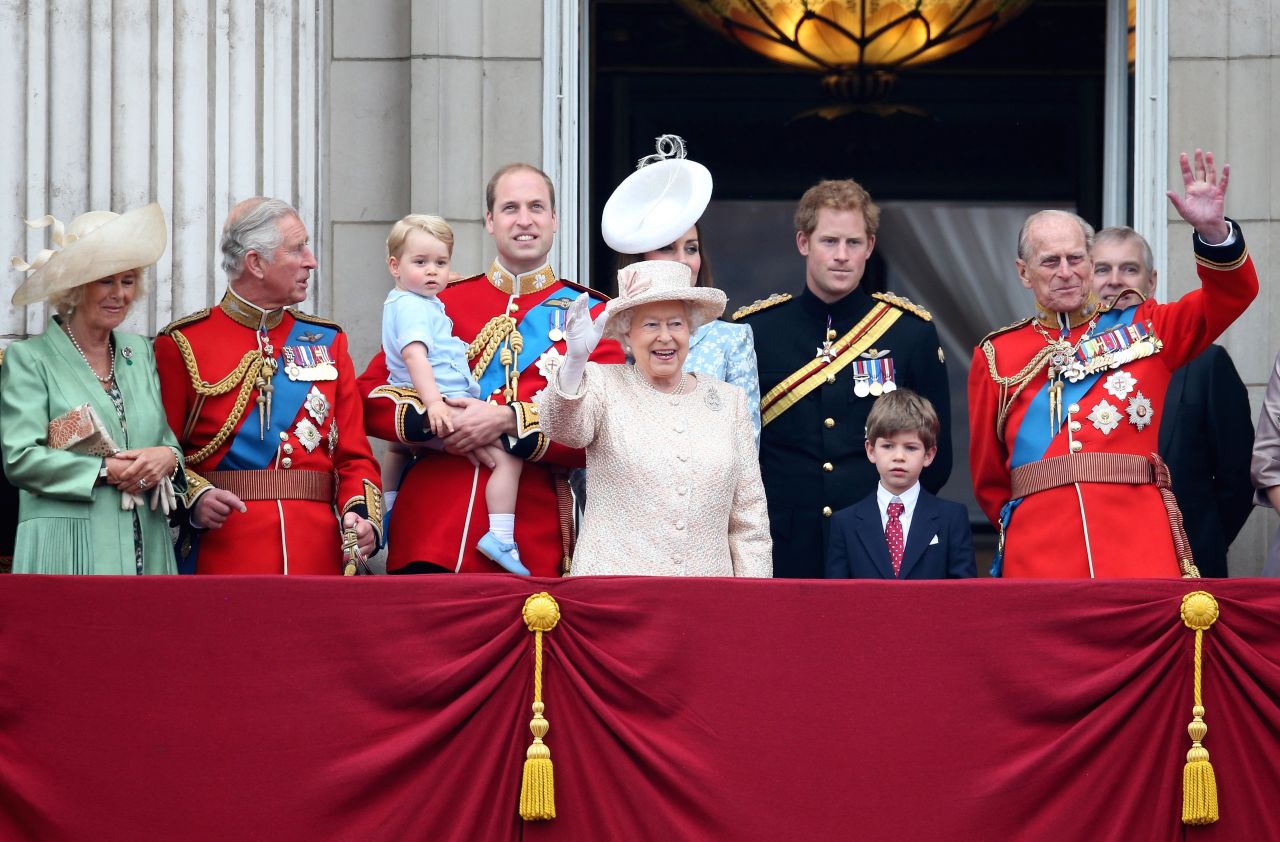 Members of the royal family stand on the balcony of Buckingham Palace during the Trooping the Colour on June 13, in London -- from left, Camilla, Duchess of Cornwall; Prince Charles, Prince of Wales; Prince George of Cambridge; Prince William, Duke of Cambridge; Catherine, Duchess of Cambridge; Queen Elizabeth II; Prince Harry; and Prince Philip, Duke of Edinburgh. The ceremony is the British monarch's annual birthday parade and dates back to the time of Charles II in the 17th century, when the colors of a regiment were used as a rallying point in battle. The Queen's actual birthday is April 21. 
