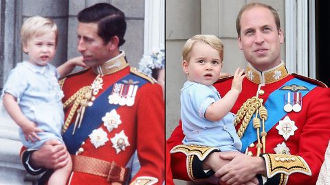 Prince William, left, appears at the 1984 Trooping of Colour with his father Prince Charles. More than twenty years later a similarly dressed Prince George appears and the 2015 Trooping of Colour held by Prince William. 