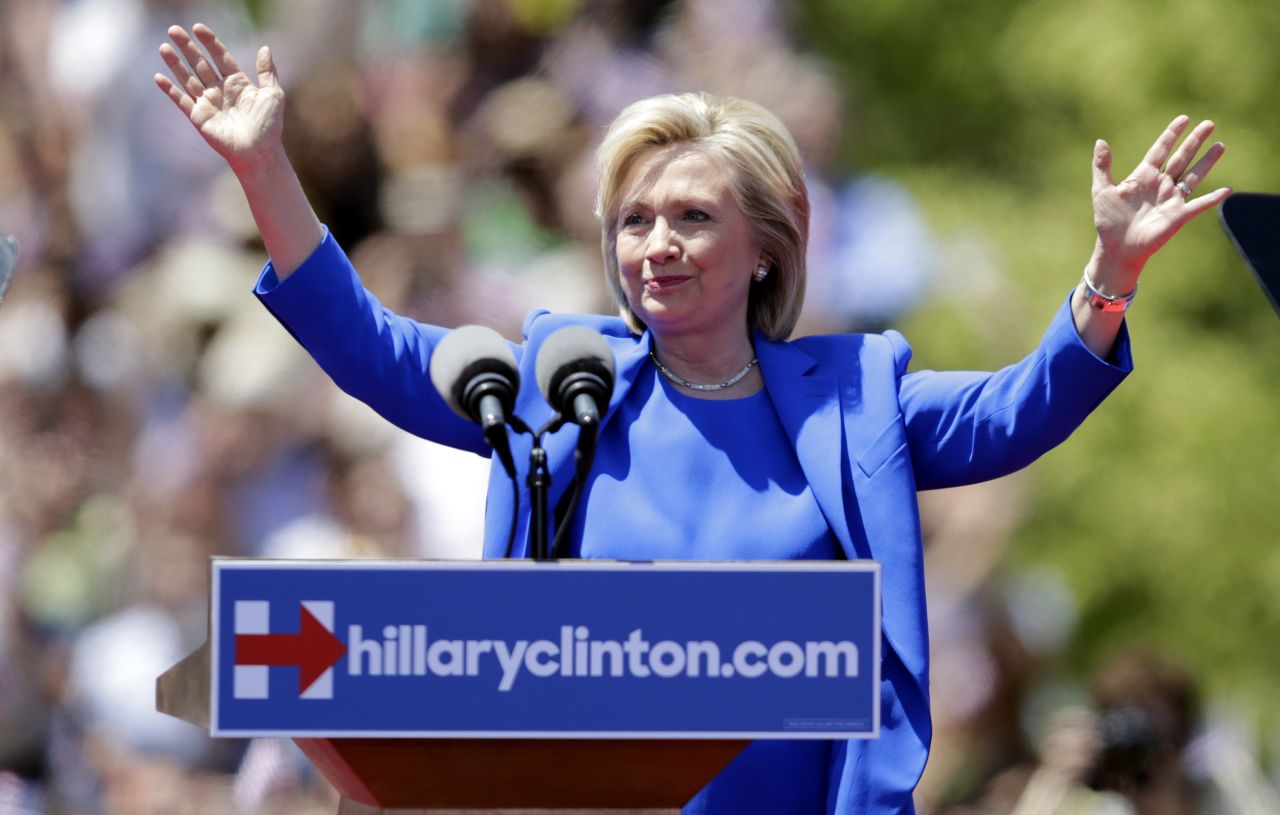 Democratic presidential candidate Hillary Clinton gestures before speaking to supporters Saturday, June 13 on Roosevelt Island in New York City. The speech was promoted as her formal presidential campaign debut.  