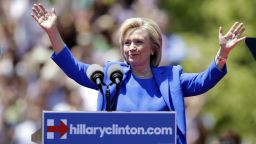 Democratic presidential candidate, former Secretary of State Hillary Rodham Clinton gestures before speaking to supporters Saturday, June 13 on Roosevelt Island in New York, in a speech promoted as her formal presidential campaign debut.